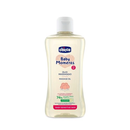 CHICCO Masszázsolaj pamuttal és E-vitaminnal Baby Moments Sensitive 74 % természetes összetevőkkel 200 ml