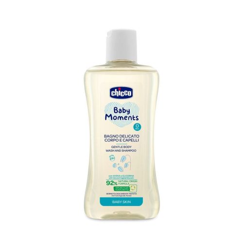 CHICCO Gyengéd sampon hajra és testre Baby Moments 92% természetes összetevőkből 200 ml