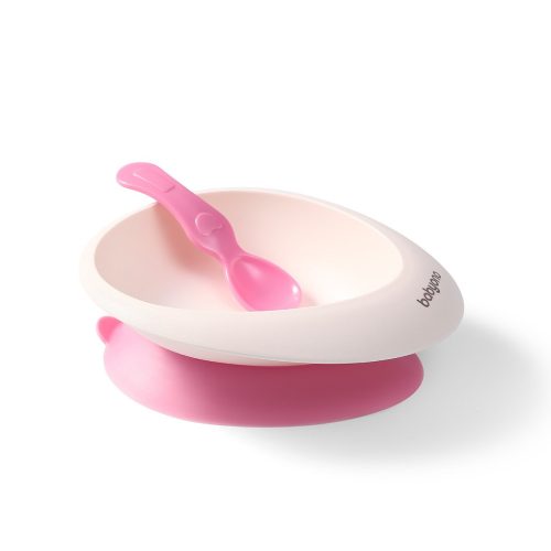 BABYONO Tányér tapadókoronggal és kanállal rózsaszín 230 ml 6h+