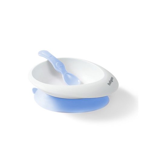 BABYONO Tányér tapadókoronggal és kanállal kék 230 ml 6m+