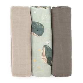   PETITE&MARS Bambusz muszlin 3 részes pelenka szett Moussy Whale Song 68 x 68 cm