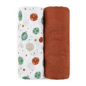   PETITE&MARS Bambusz muszlin kétrészes pelenka szett Misty Celestial Planets 120 x 120 cm