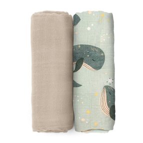   PETITE&MARS Bambusz muszlin pelenka szett 2 db-os Misty Whale Song 120 x 120 cm