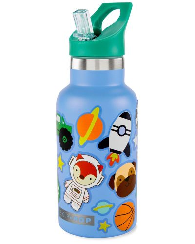 SKIP HOP palack címkékkel és szívószállal, rozsdamentes acél, kék, 380 ml, 4 év+