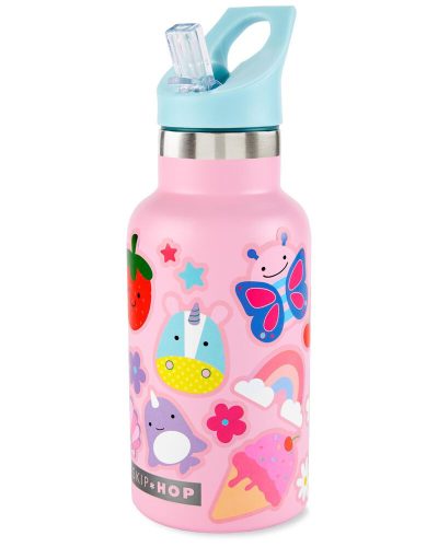 SKIP HOP üveg matricákkal,  rozsdamentes acél rózsaszín 380 ml, 4 év+