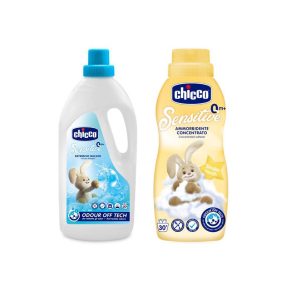   CHICCO Gyermek mosószer Sensitive 1,5 l + Öblítőszer koncentrátum Chicchie Gentle Touch 750 ml