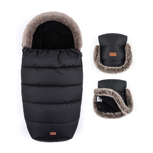 PETITE&MARS Téli szett Comfy 4in1 bundazsák + kézmelegítő kesztyű babakocsira Furry Forever Black
